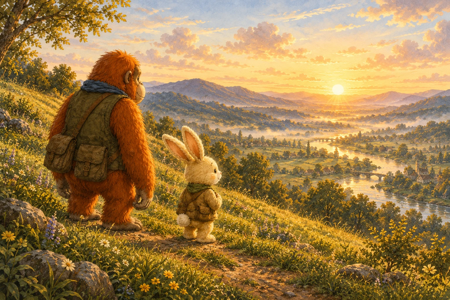 Roxy pauses partway up a grassy hill at sunrise, with Oru standing nearby.