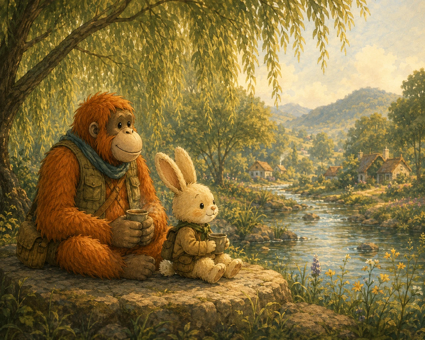 Roxy and Oru sit quietly together beside the river in soft morning light.